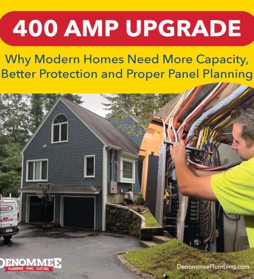 See how Denommee completed a 400-amp electrical service upgrade in Middleton, MA with new meter-main equipment, two 200-amp panels, surge protection and utility coordination.