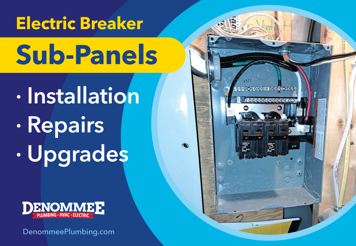 Operating off power from the main breaker box, sub panels are like waypoints to direct electrical power to a different areas within buildings. They perform a lot of the same tasks as the main panel, such as ensuring electrical appliances don’t get fried by power surges. Using a sub-panel over the main panel can offer a higher level of flexibility for electrical systems.

Some of the common use cases include the following.
• Offers More Circuit Space: If the main panel is overcrowded, it could become a fire hazard. Keeping a main panel manageable may require breaking the electrical distribution system up into a series of sub-panels, depending on how many areas needed to cover.
• Safety Considerations: sub-panels are excellent ways to make a more secure electrical system. In the event of an fault to a sub-panel-controlled circuit, simply switching off the sub panel suffices to isolate the issue and remedy.
• Separate Uses for Power: Many have garages where different types of heavy machinery and EV chargers are operated. Connecting a sub-panel to deal with different power requirements is a smart choice to keep things organized and managed.

Installing and modifying sub-panels is not do-it-yourself work. Installation by a non-professional could lead to risks of electrical hazards, shock, or worse. Avoid taking the risk and call the experts at Denommee Plumbing, HVAC & Electric for sub-panel installation to code compliance and complete customer satisfaction. Let us use our experience to help you. Request our Electric services via DenommeePlumbing.com