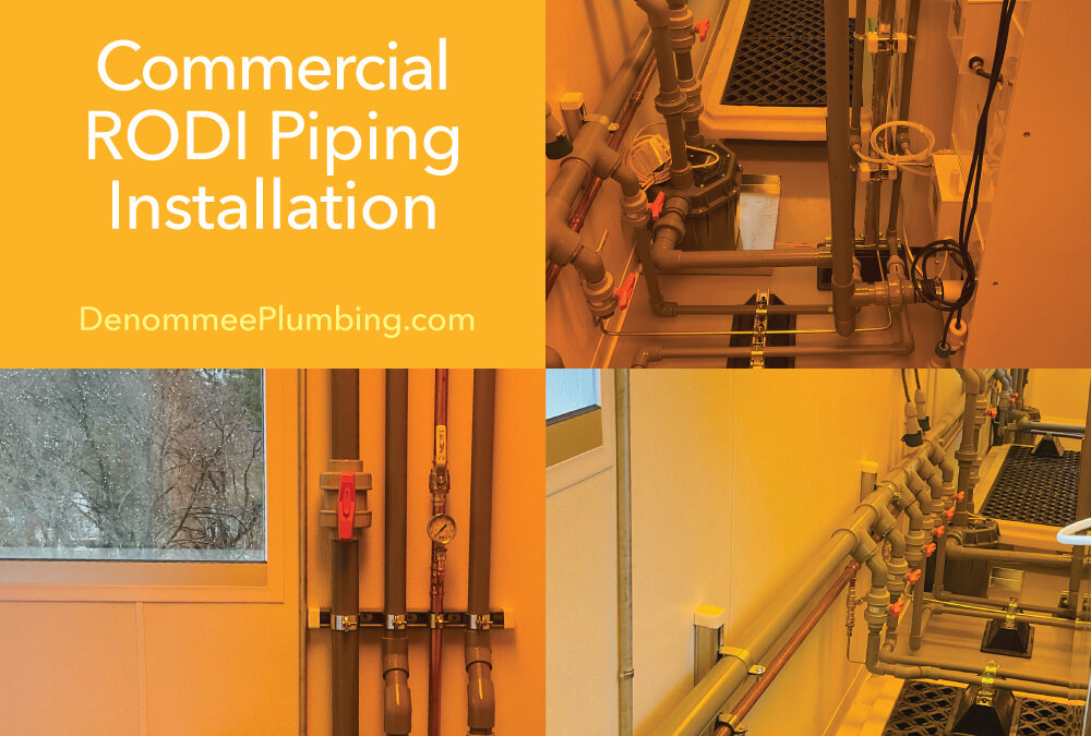 Commercial plumbing installation of a central reverse osmosis/DI water and Reject system